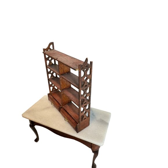 Vtg Dollhouse 1:12 Wood Dining Room Table Chairs China Hutch Shelf Buffet Rug - Picture 3 of 11